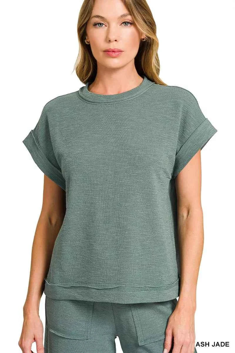 Sarah Express Women's Cotton Slub Short Sleeve Tee and Pants Set - Zenana Loungewear