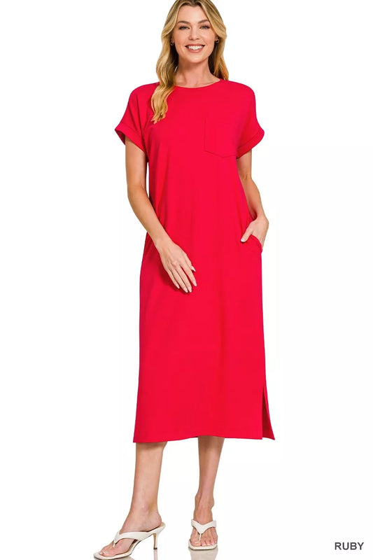 Sarah Express Women's Round Neck Short Sleeve Midi Dress RUBY