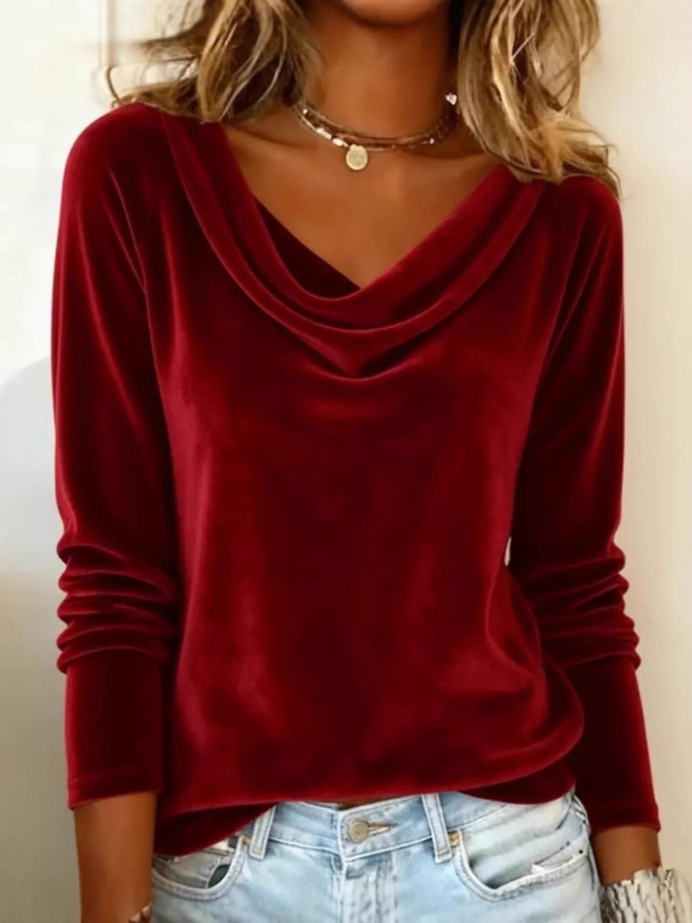 Sarah Express Women's Velvet Cowl Neck Long Sleeve Top Red