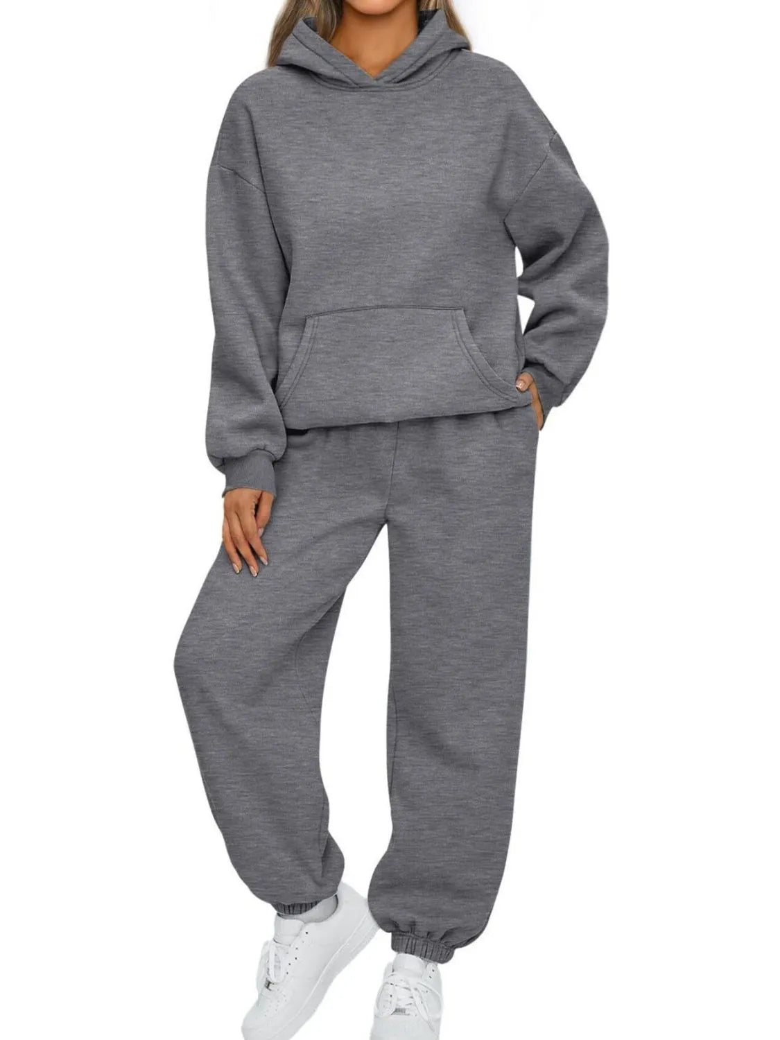Sarah Express Women's Kangaroo Pocket Hoodie and Joggers Set Dark Gray