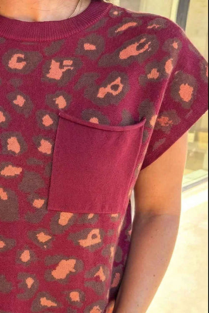 Sarah Express Women's Leopard Print Cap Sleeve Knitted Top - Trendy Animal Print Blouse