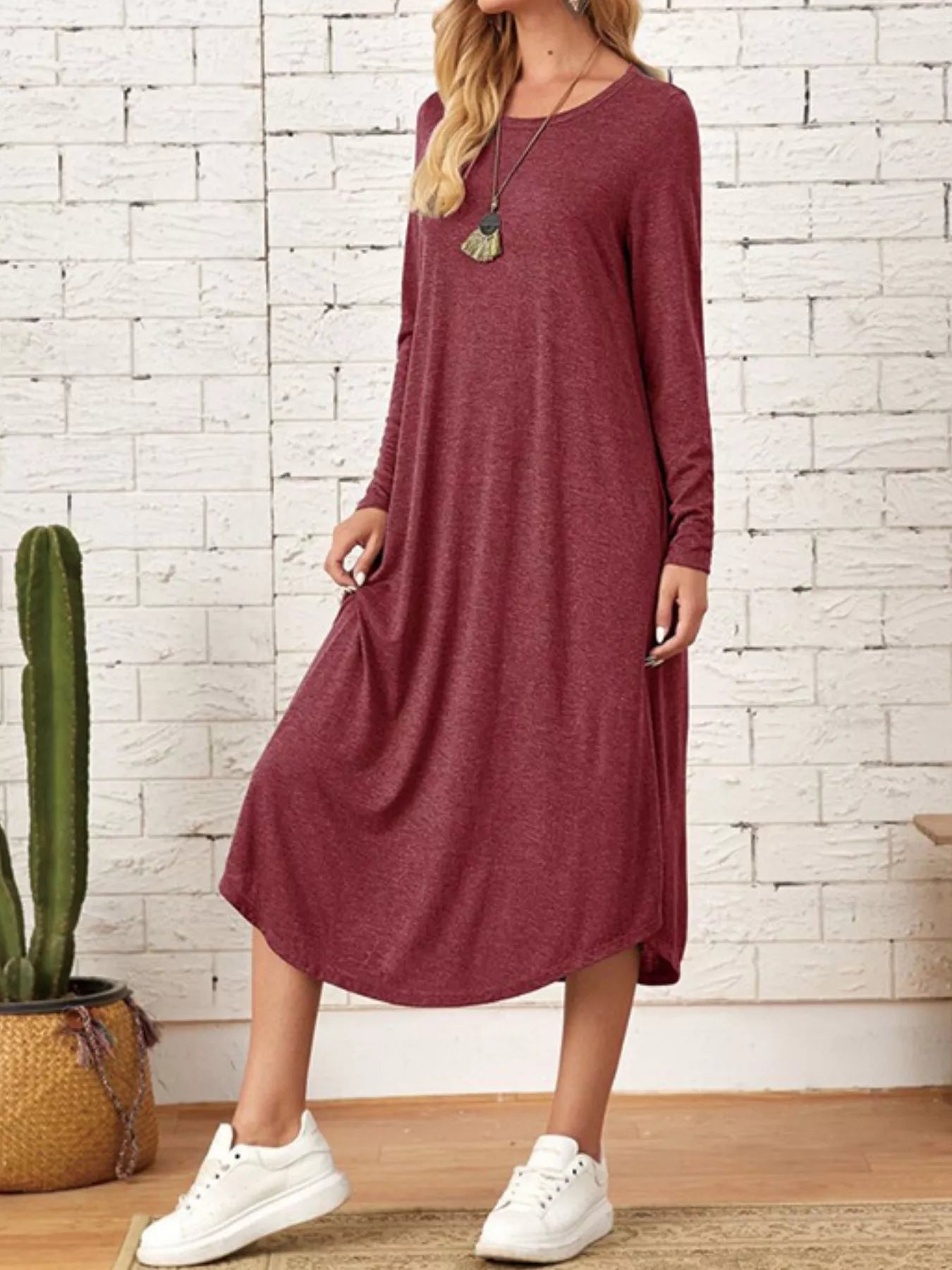 Sarah Express Women's Casual Long Sleeve Pocket Midi Dress