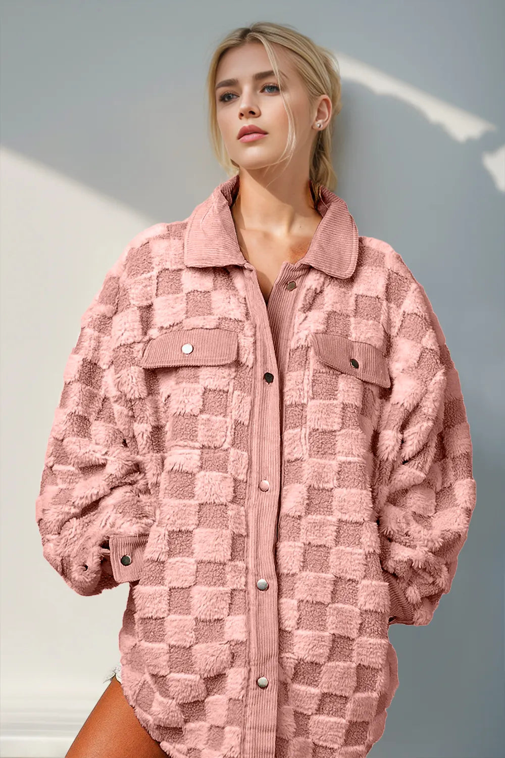 Sarah Express Women's Fuzzy Checkered Button-Up Shacket Pocketed Fall Winter Casual Layering Jacket