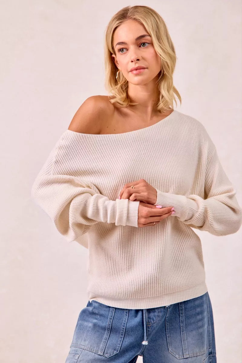 Sarah Express Women's Waffle Knit Off Shoulder Top - Ribbed Stretch Long Sleeve