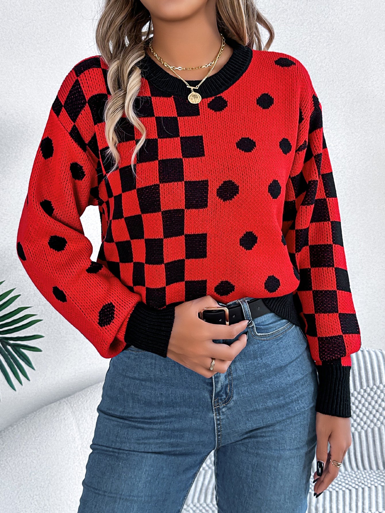 Sarah Express Women's Color Block Polka Dot Plaid Lantern Sleeve Pullover Sweater