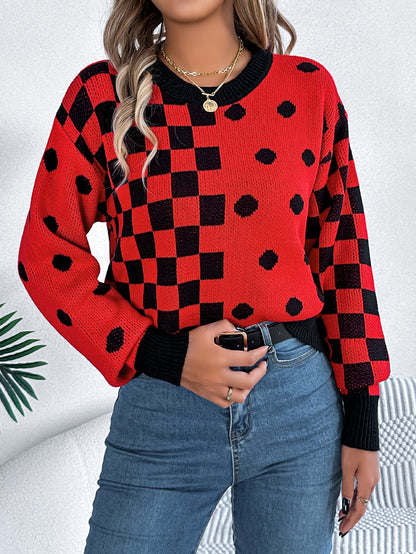 Sarah Express Women's Color Block Polka Dot Plaid Lantern Sleeve Pullover Sweater