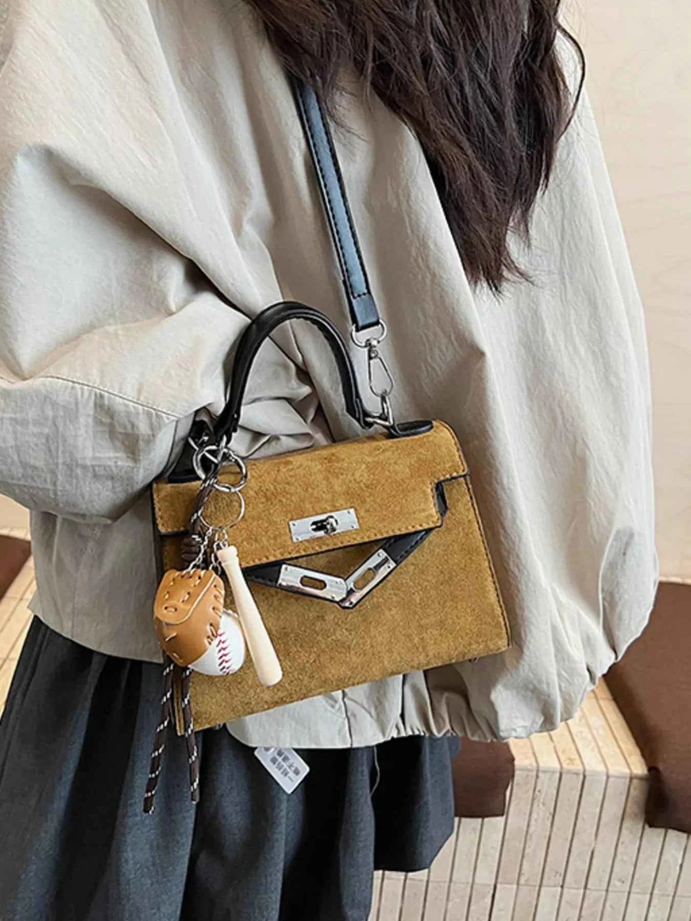 Sarah Express Women's Mini Crossbody Bag with Baseball Charm - Suede Shoulder Bag