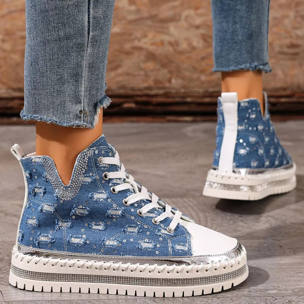 Sarah Express Women's Rhinestone Platform Sneakers Lace Up Canvas Shoes