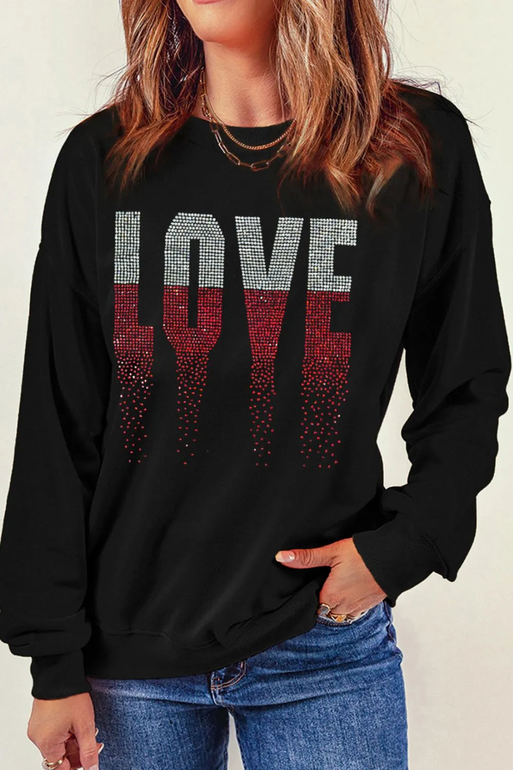 Sarah Express Women's Rhinestone LOVE Round Neck Long Sleeve Sweatshirt