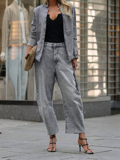 Sarah Express Women's Long Sleeve Denim Top and Wide Leg Jeans Two-Piece Set