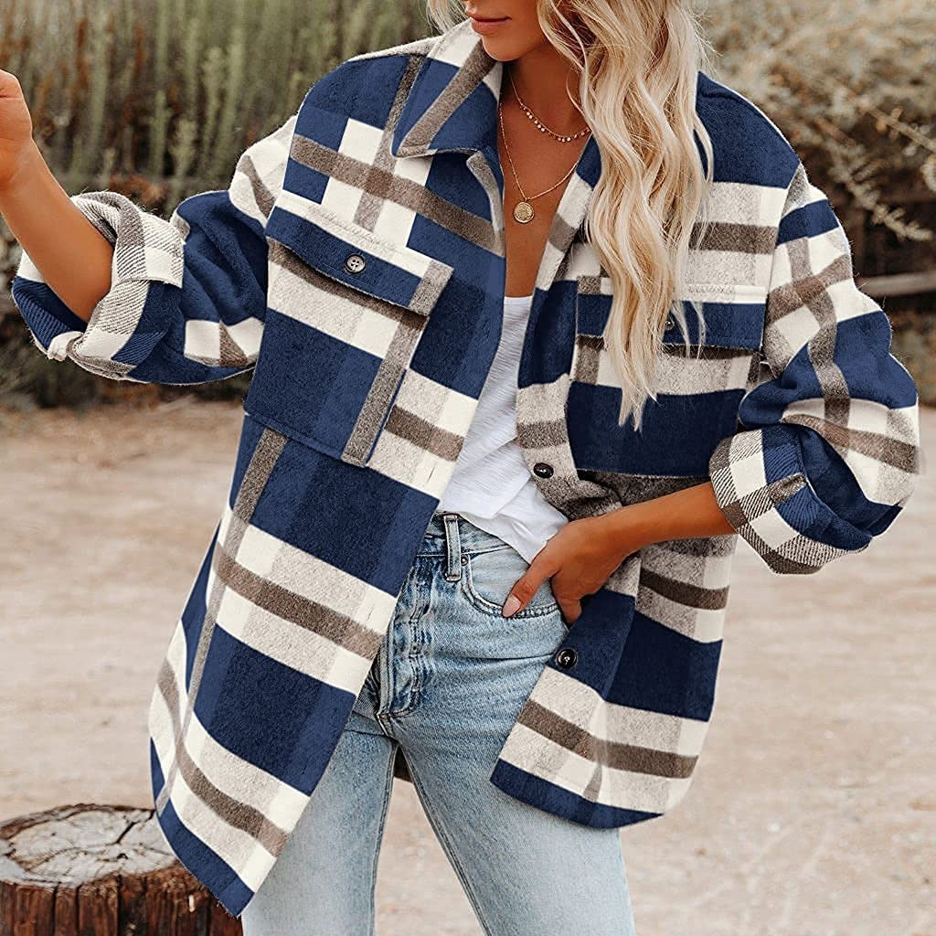 Sarah Express Women's Plaid Flannel Woolen Button-Up Shirt Urban Cardigan Style