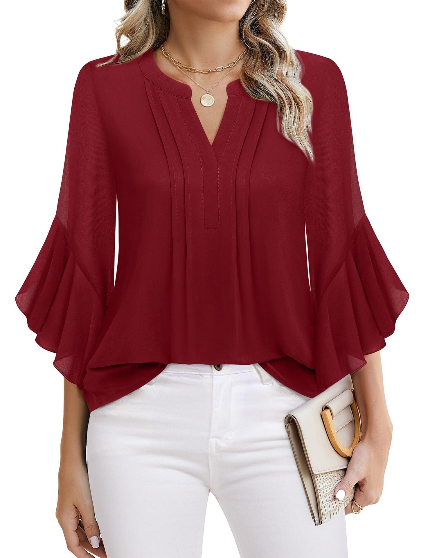 Sarah Express Women's Lotus Leaf Ruffle Sleeve Pullover Top Loose Fit 3/4 Sleeve