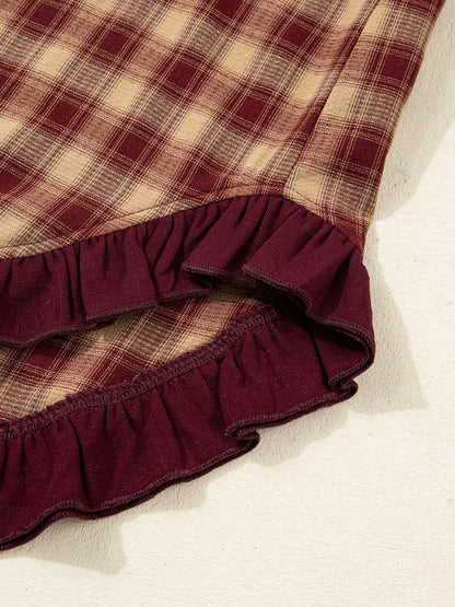 Sarah Express Women's Plaid Print Ruffled Mini Shirt Dress - Long Sleeve Button Front Patchwork Hem