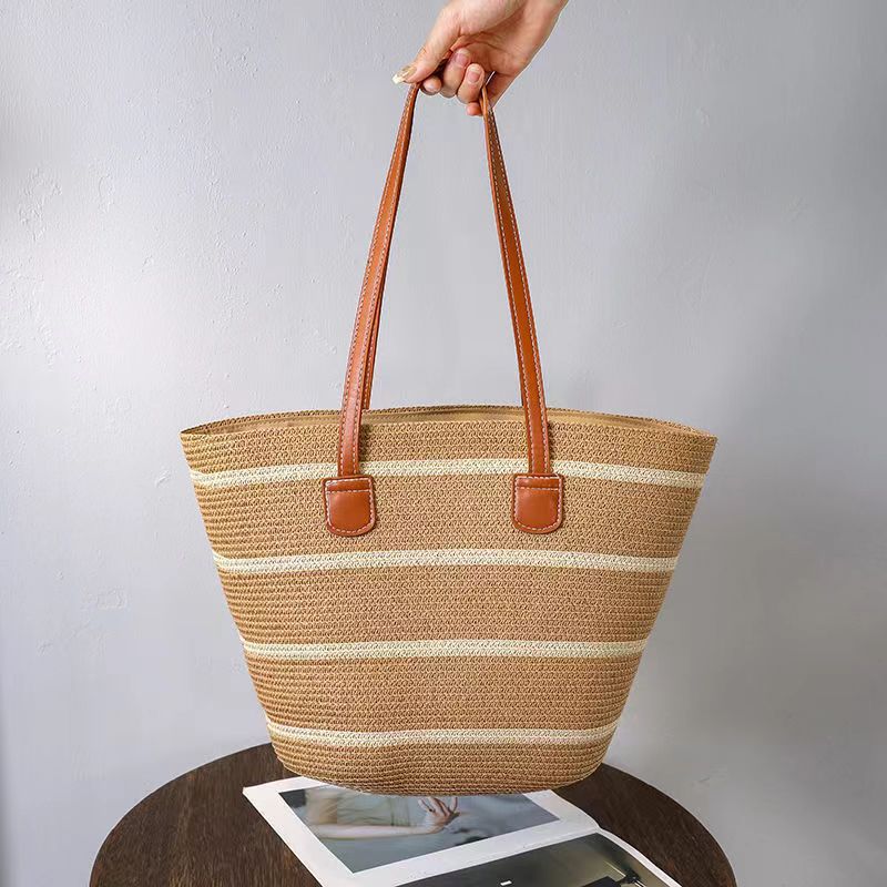 Sarah Express Women's Woven Straw Tote Bag - Minimalist Urban Casual Shoulder Bag with Zipper Compartment Khaki With Wide Stripes 42X28X13CM