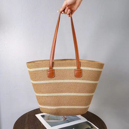 Sarah Express Women's Woven Straw Tote Bag - Minimalist Urban Casual Shoulder Bag with Zipper Compartment Khaki With Wide Stripes 42X28X13CM