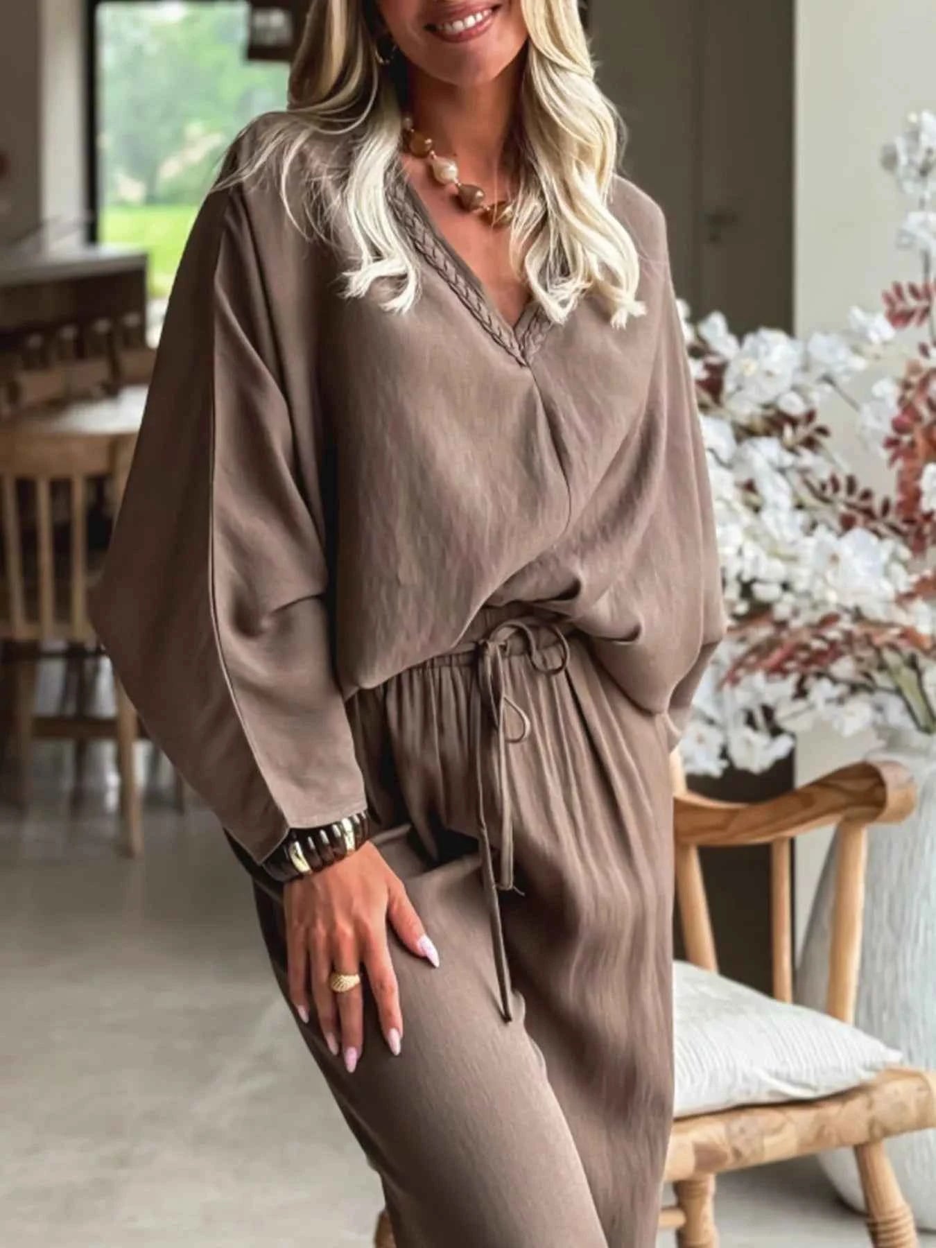 Sarah Express Women's Braided V-Neck Long Sleeve Top and Drawstring High Waist Pants Set