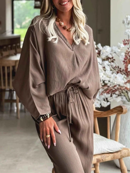 Sarah Express Women's Braided V-Neck Long Sleeve Top and Drawstring High Waist Pants Set