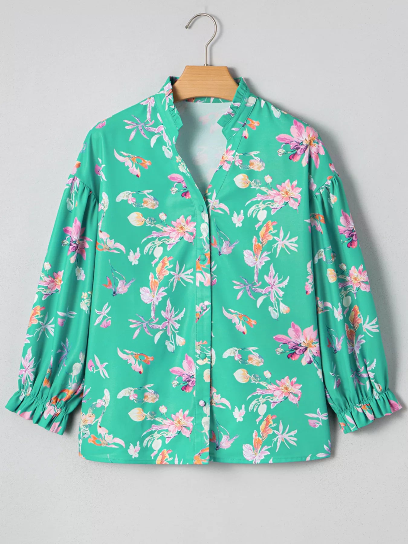 Sarah Express Women's Floral Lantern Sleeve Button Front Shirt