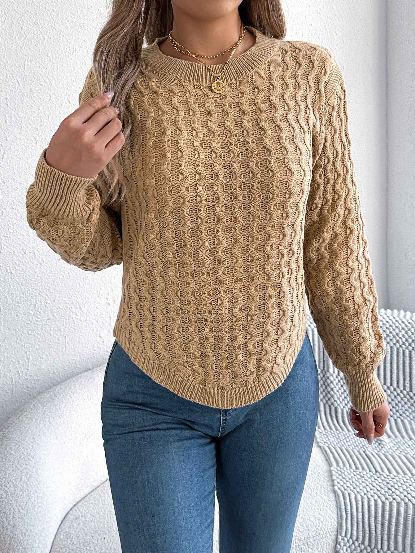 Sarah Express Women's Cable Knit Sweater - Lantern Sleeve Irregular Hem Pullover Khaki