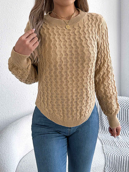 Sarah Express Women's Cable Knit Sweater - Lantern Sleeve Irregular Hem Pullover Khaki