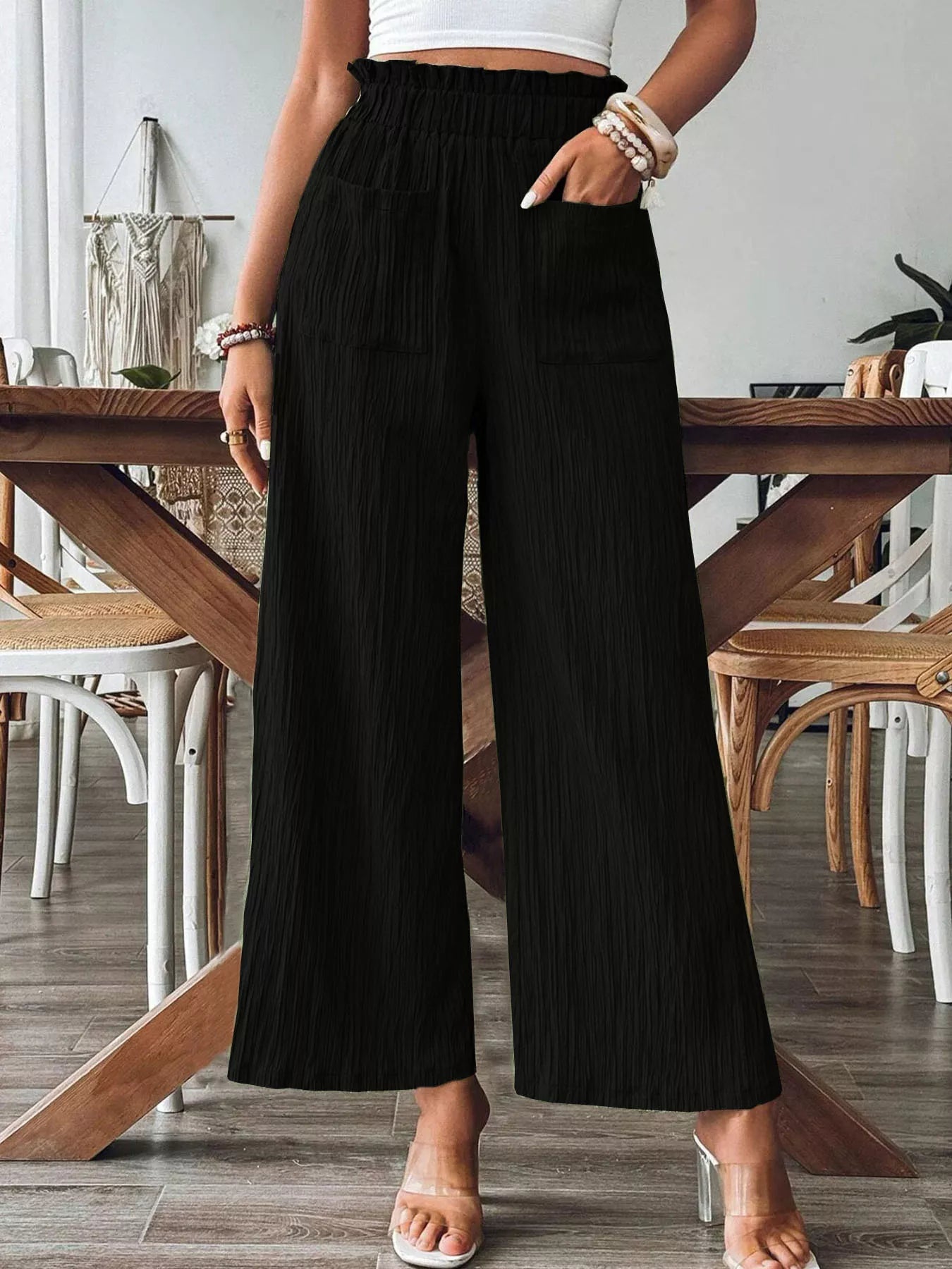 Sarah Express Women's High-Waisted Wide Leg Pants with Pockets Black