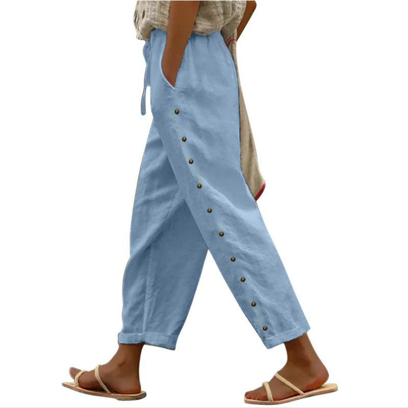 Sarah Express Women's Cotton Linen Cropped Pants Elastic Waist Loose Fit
