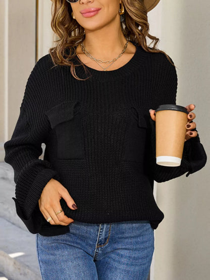 Sarah Express Women's Pocket Detail Round Neck Sweater - Button Front Cardigan