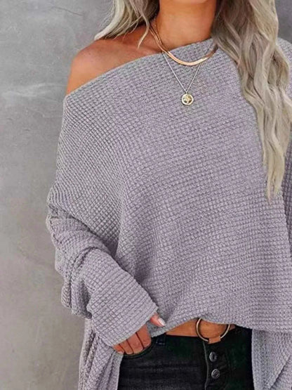 Sarah Express Women's Oversized Waffle Knit Boat Neck T-Shirt