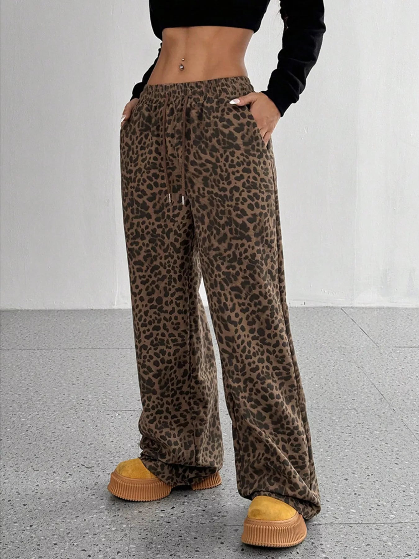Sarah Express Women's Leopard Print Wide Leg Pants Plus Size Chocolate