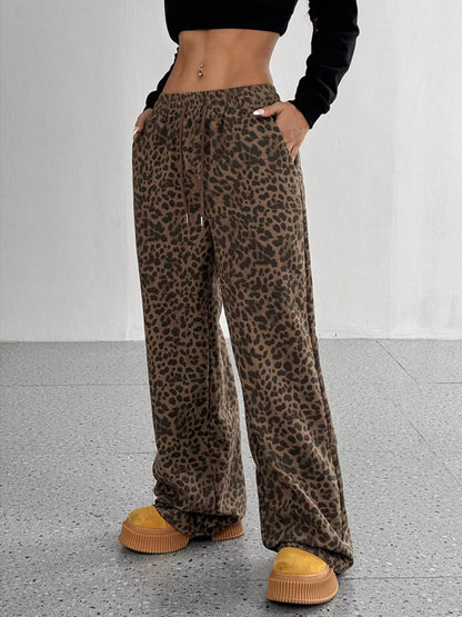 Sarah Express Women's Leopard Print Wide Leg Pants - Drawstring Casual Bottoms Chocolate