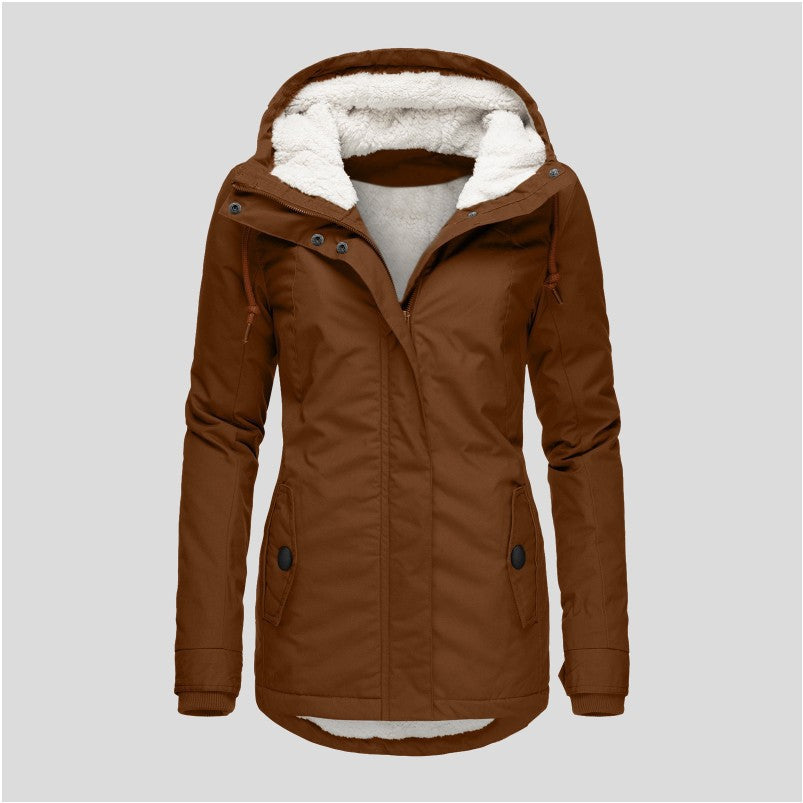 Sarah Express Women's Winter Hooded Fleece Jacket - Warm Buckle Zip-Up Coat with Pockets Brown