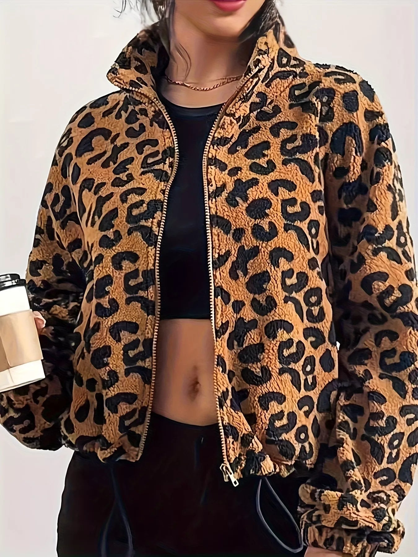 Sarah Express Women's Leopard Fleece Zip-Up Jacket