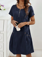 Sarah Express Casual Tunic Dress Short Sleeve Zipper Pockets