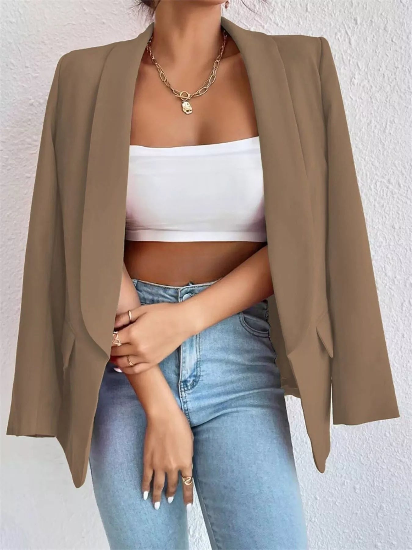 Sarah Express Women's Open Front Casual Blazer Plus Size Long Sleeve Professional Outerwear Khaki