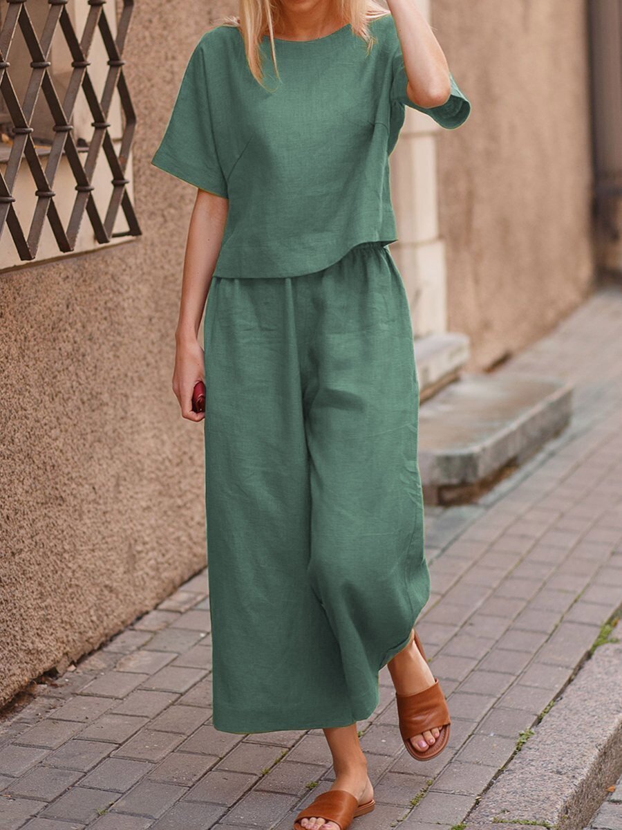 Sarah Express Cotton Linen Two-Piece Set Casual Loose Top Pants Outfit