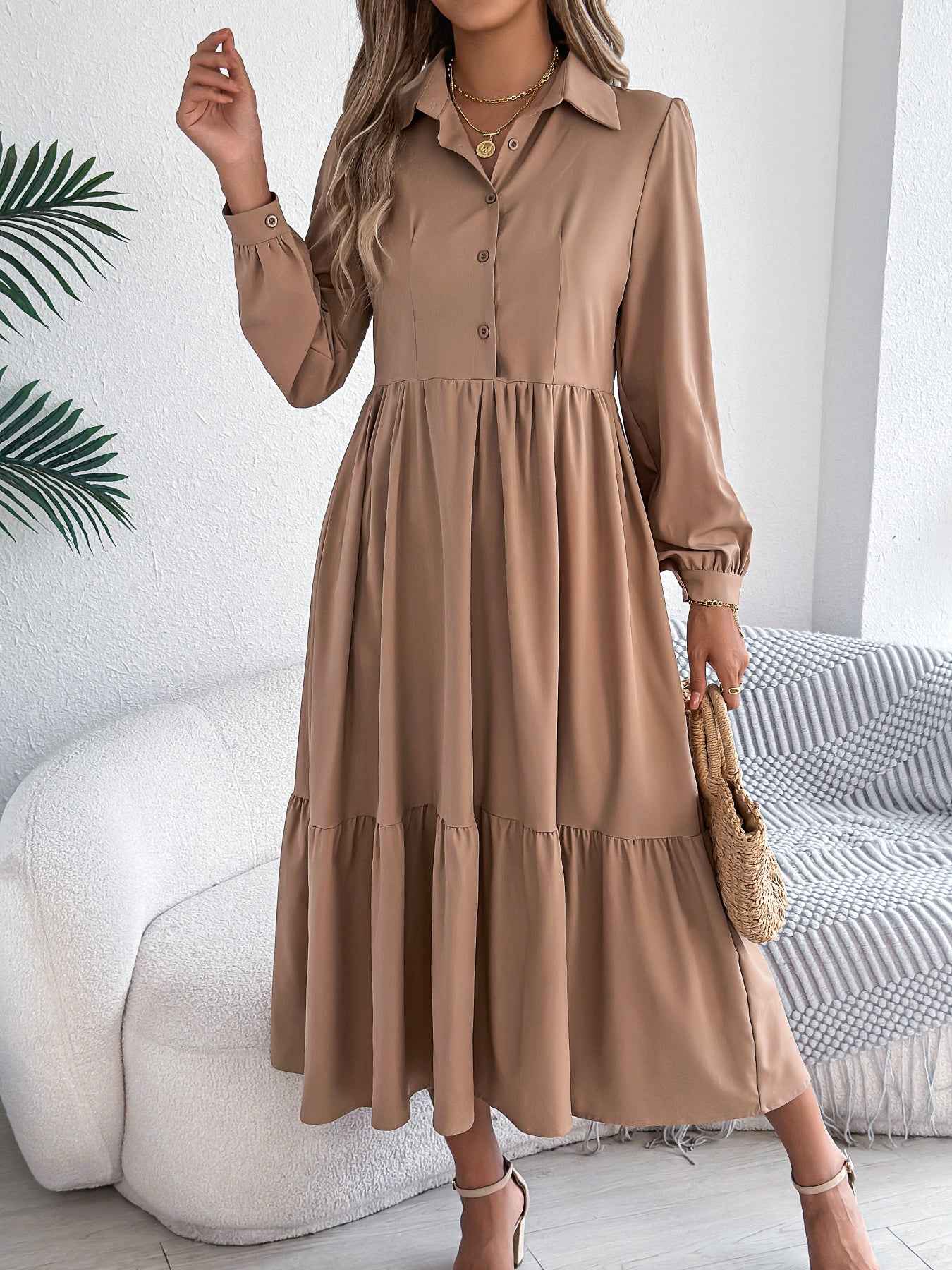 Sarah Express Women's Lapel Ruffled Shirt Dress - Long Sleeve Casual Blouse Dress Khaki