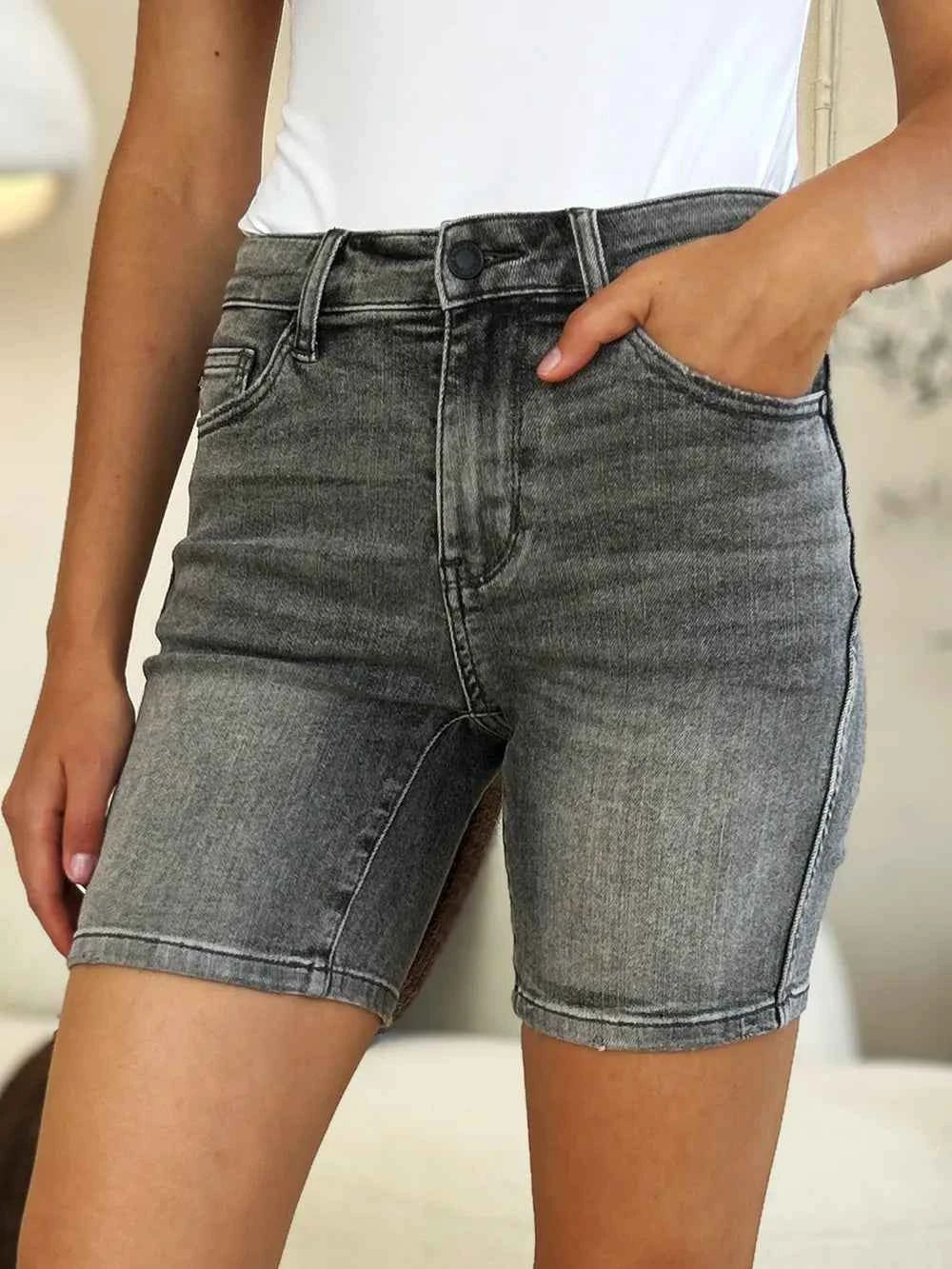 Sarah Express Women's High Waist Washed Denim Shorts - Judy Blue Premium Vintage Casual Summer Cutoffs GREY