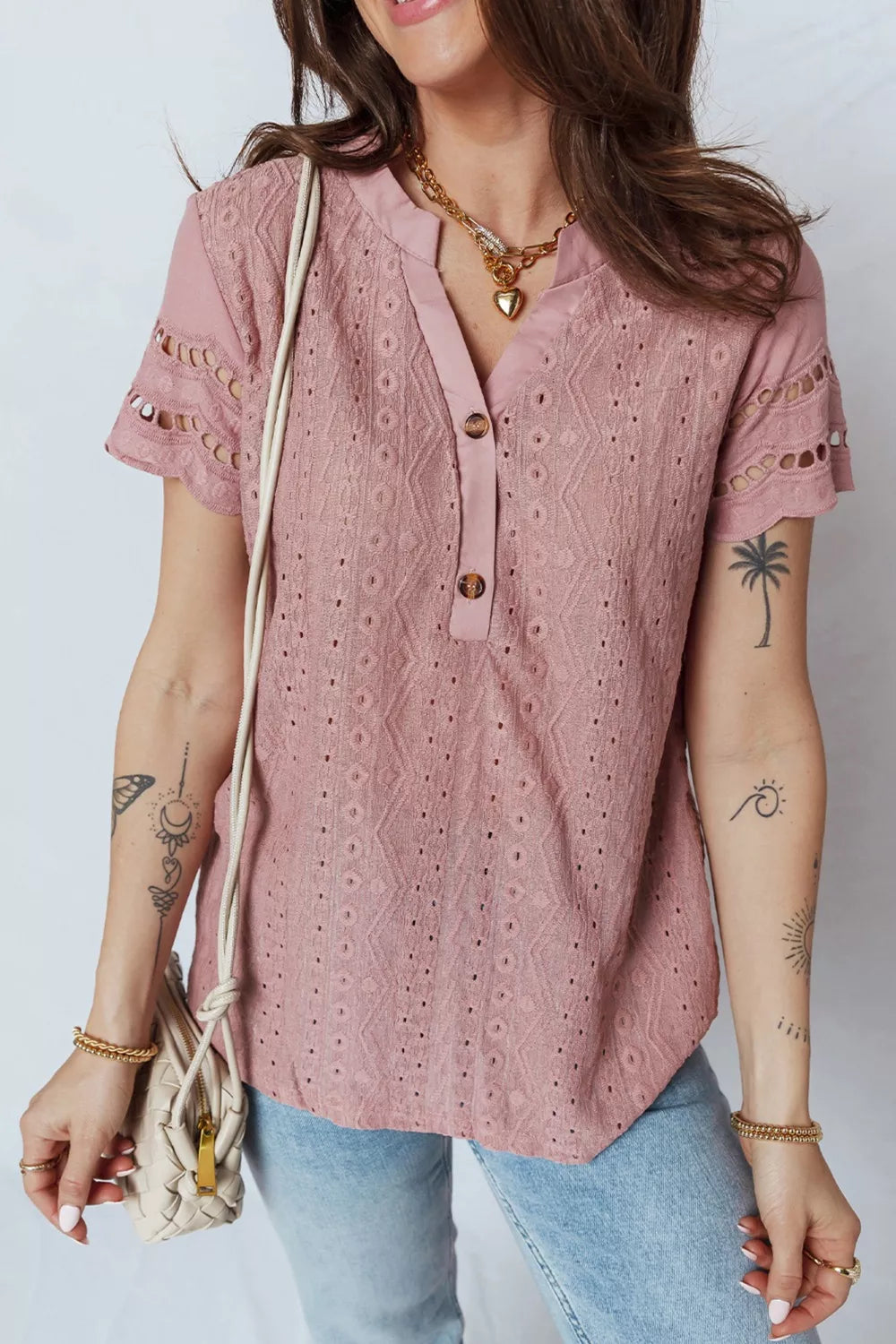 Sarah Express Women's Textured Embroidered Half Button Blouse Short Sleeve Dusty Pink