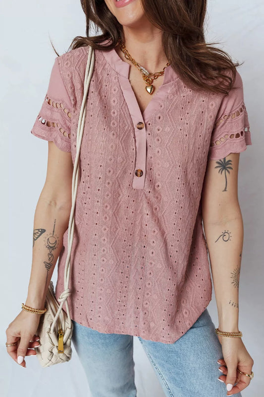 Sarah Express Women's Textured Embroidered Half Button Blouse Short Sleeve Dusty Pink