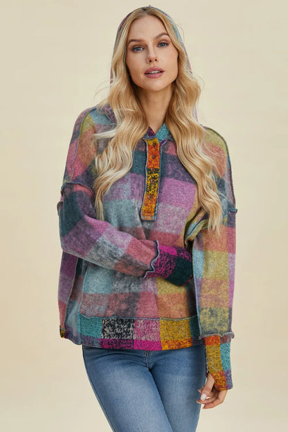 Sarah Express Women's Plaid Dropped Shoulder Fleece Hoodie