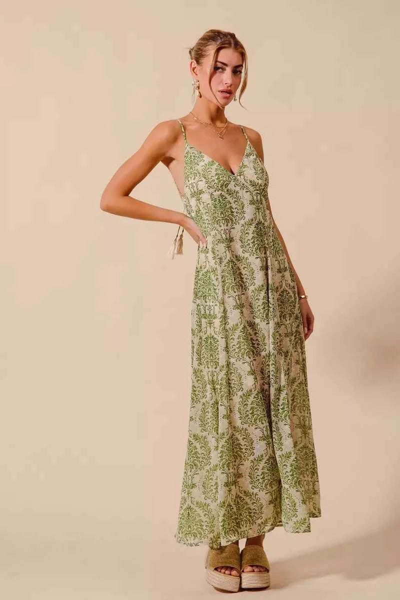 Sarah Express Women's Damask Floral Maxi Dress - Open Back Summer Flowy Dress