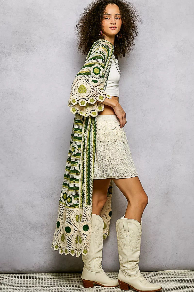 Sarah Express Women's Striped and Floral Pattern Crochet Longline Cardigan