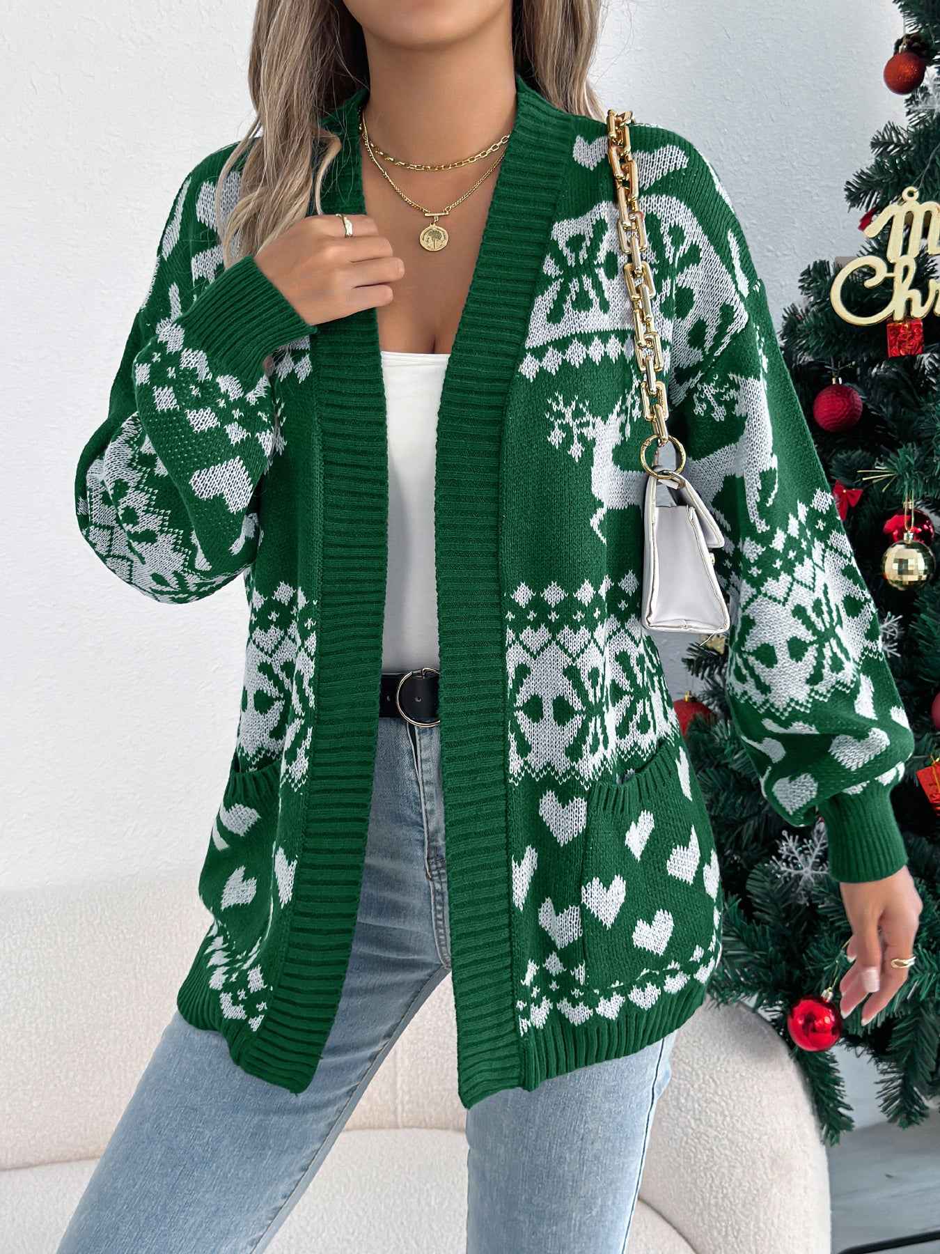 Sarah Express Women's Christmas Deer Pocket Cardigan Sweater Coat