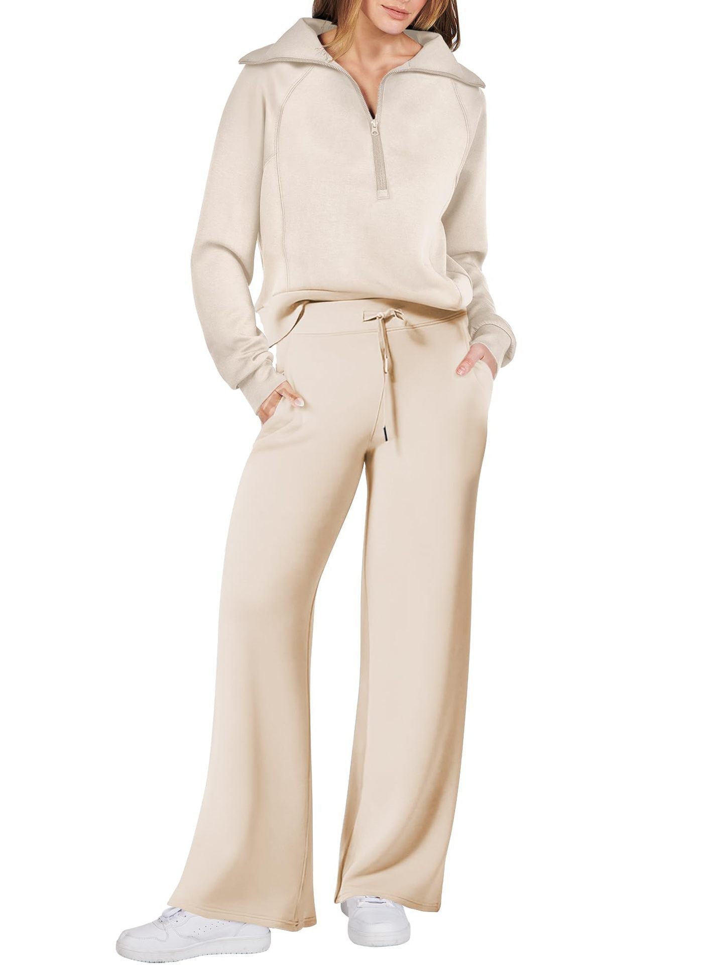 Sarah Express Women's Long Sleeve Zipper Sweatshirt and Wide-Leg Pants Athleisure Set