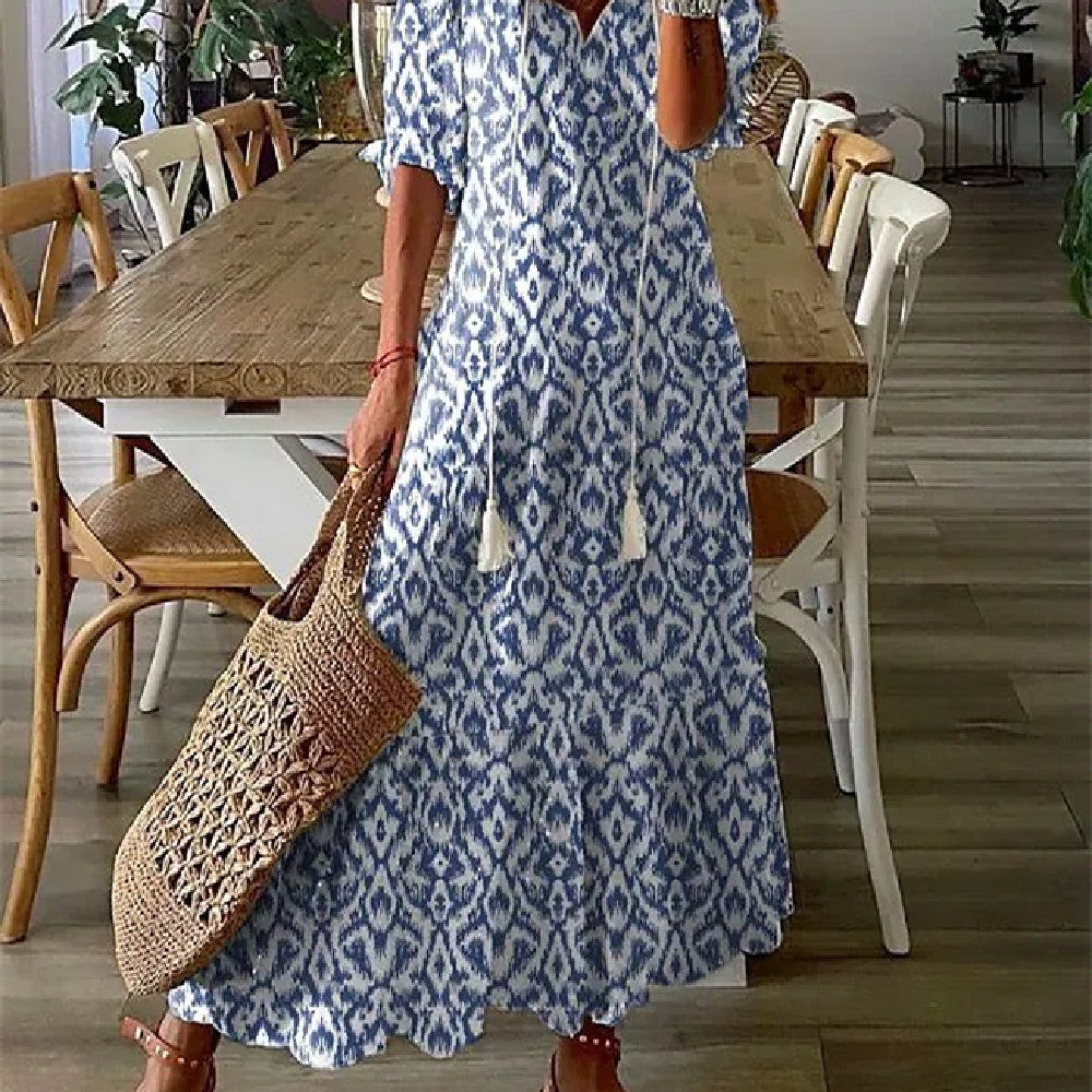 Sarah Express Women's Floral Print V-Neck Maxi Dress Short Sleeve A-Line Pullover