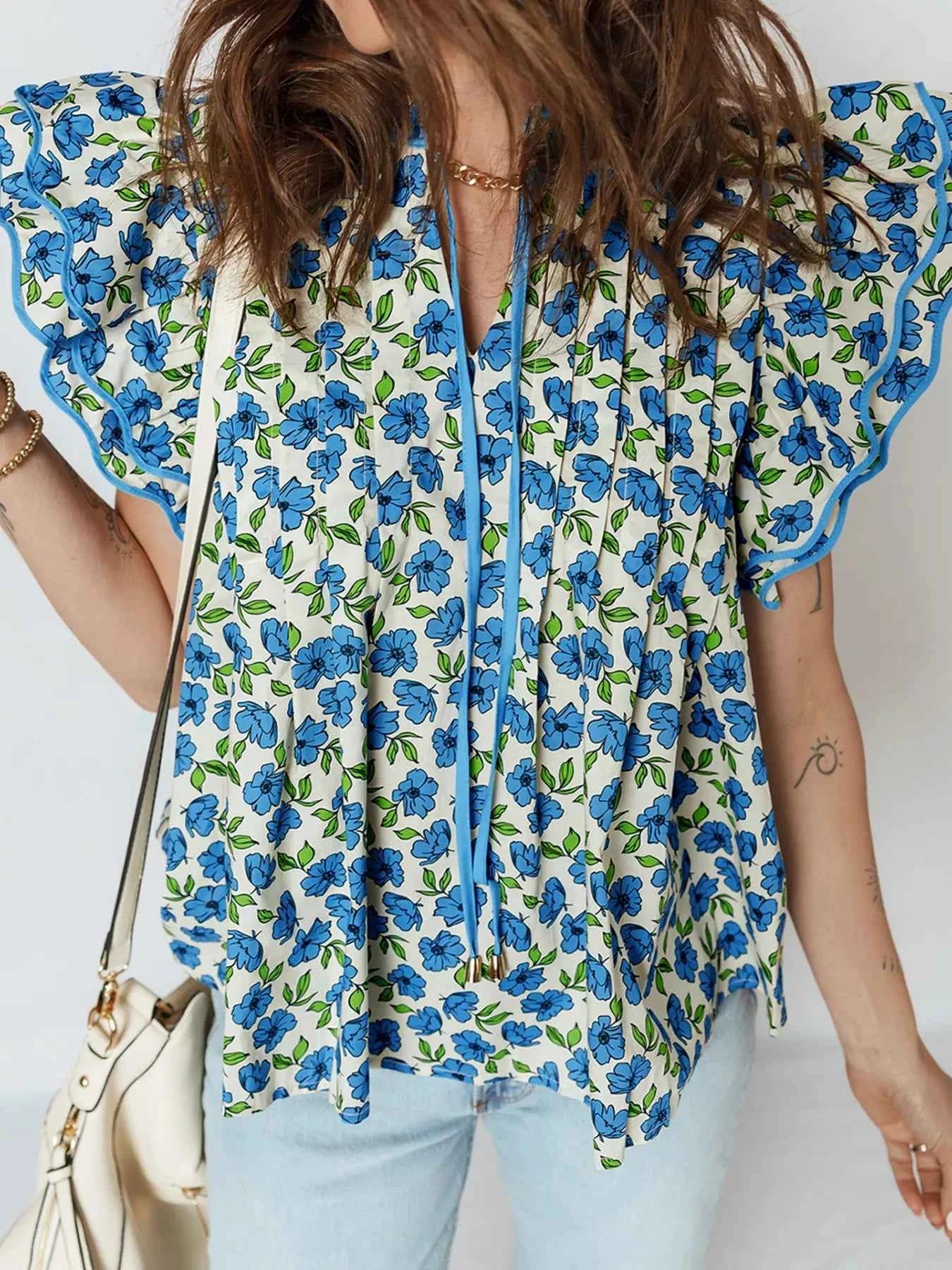 Sarah Express Women's Tiered Flutter Sleeve Pleated Floral Blouse