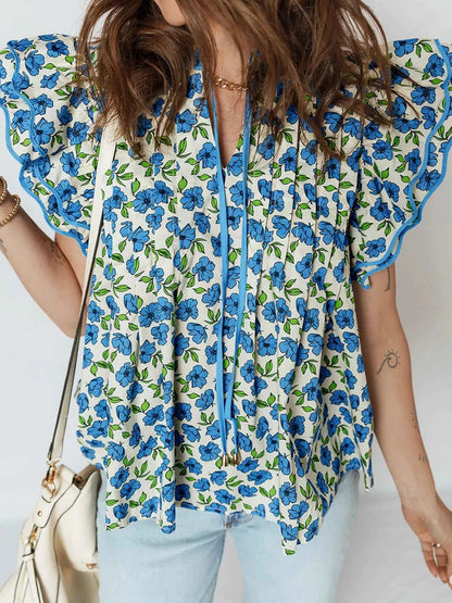 Sarah Express Women's Tiered Flutter Sleeve Pleated Floral Blouse