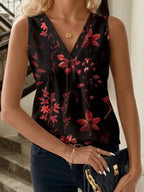 Sarah Express Women's Printed V-Neck Tank - Casual Basic Style Top