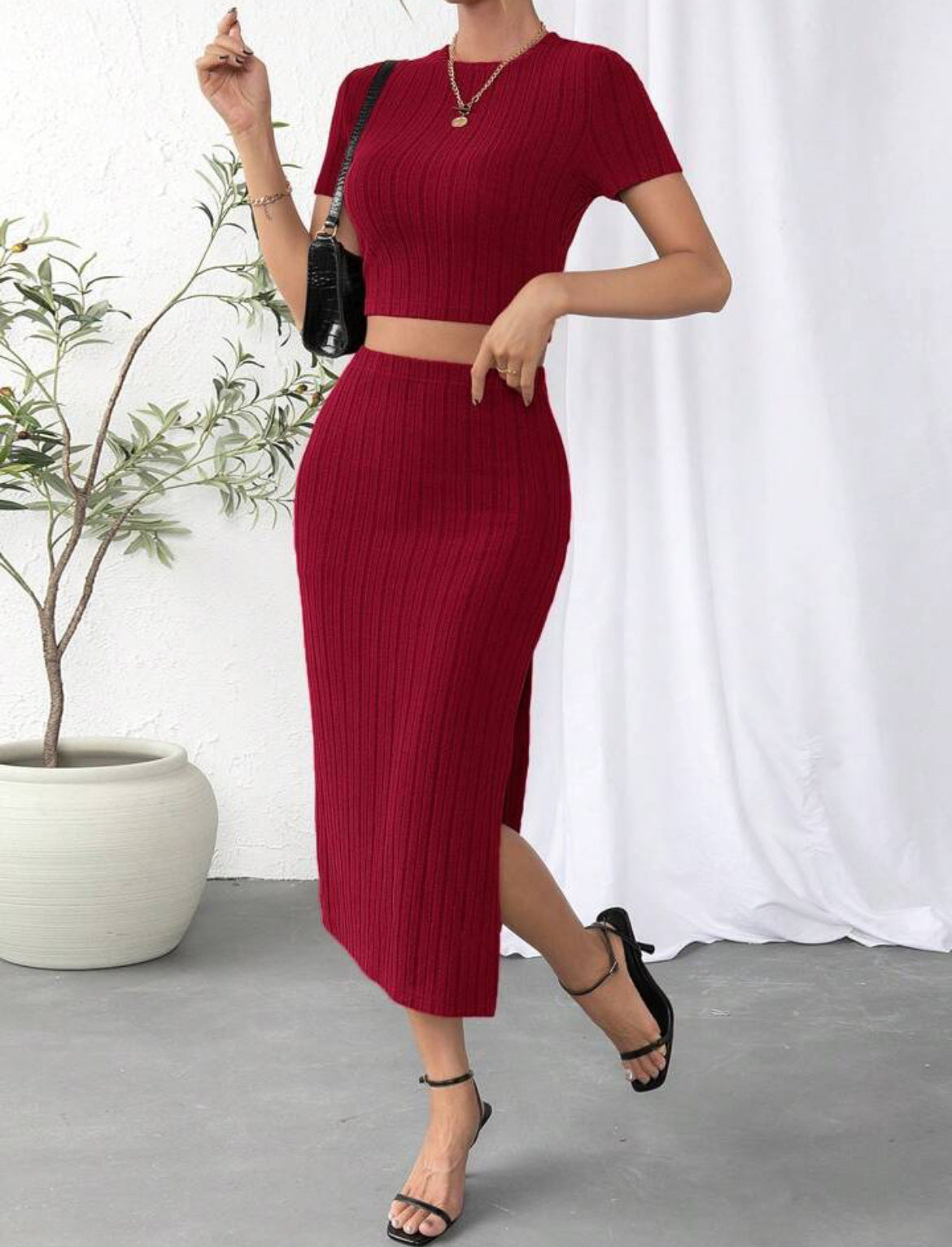 Sarah Express Women's Two-Piece Suit Set High Waist Midi Skirt Long Sleeve Top - Work Professional Classic