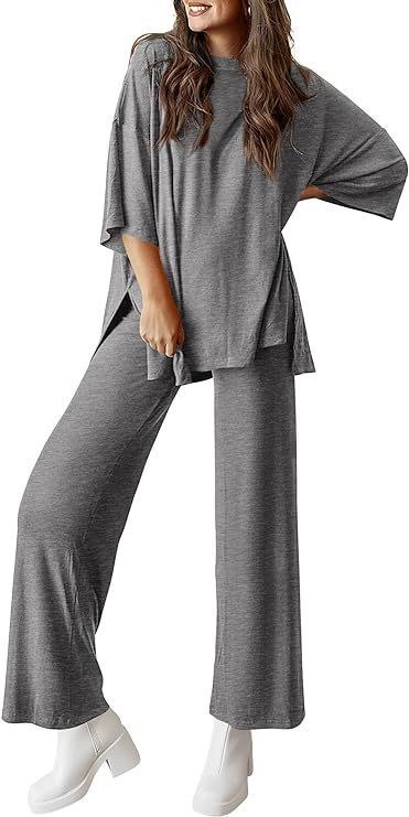 Sarah Express Two Piece Pullover Top Wide Leg Pants Set Polyester